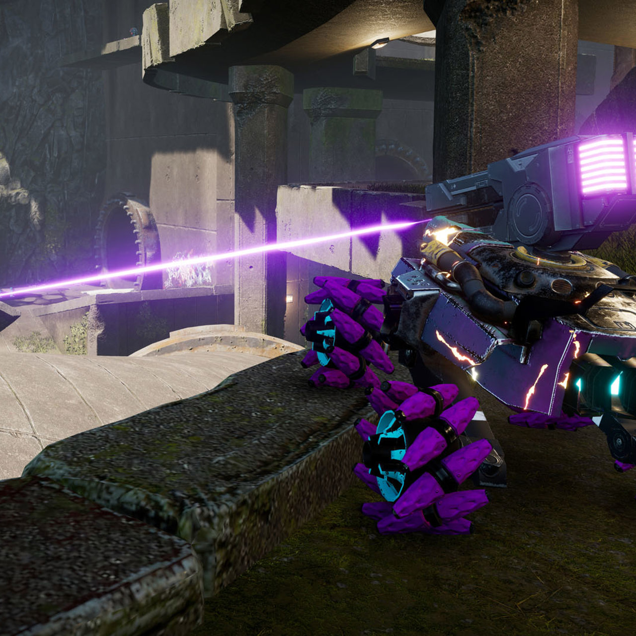 Game screenshot of a purple vehicle firing a lazer type weapon